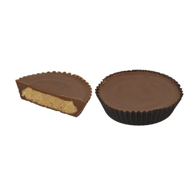 Two Reese's Peanut Butter Cups, one cut open