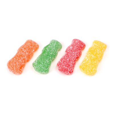 Four Sour Patch Kids: orange, green, red and yellow